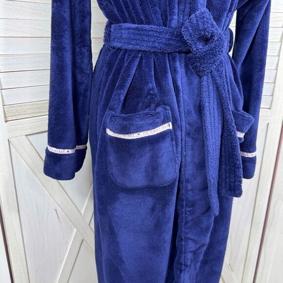 Victorias Secret Logo Ribbon Trim Fleece Bathrobe Robe Blue Small - Picture 6 of 12